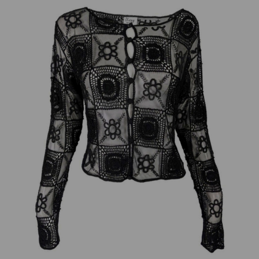 Black Crochet Women Sweater Cardigan
